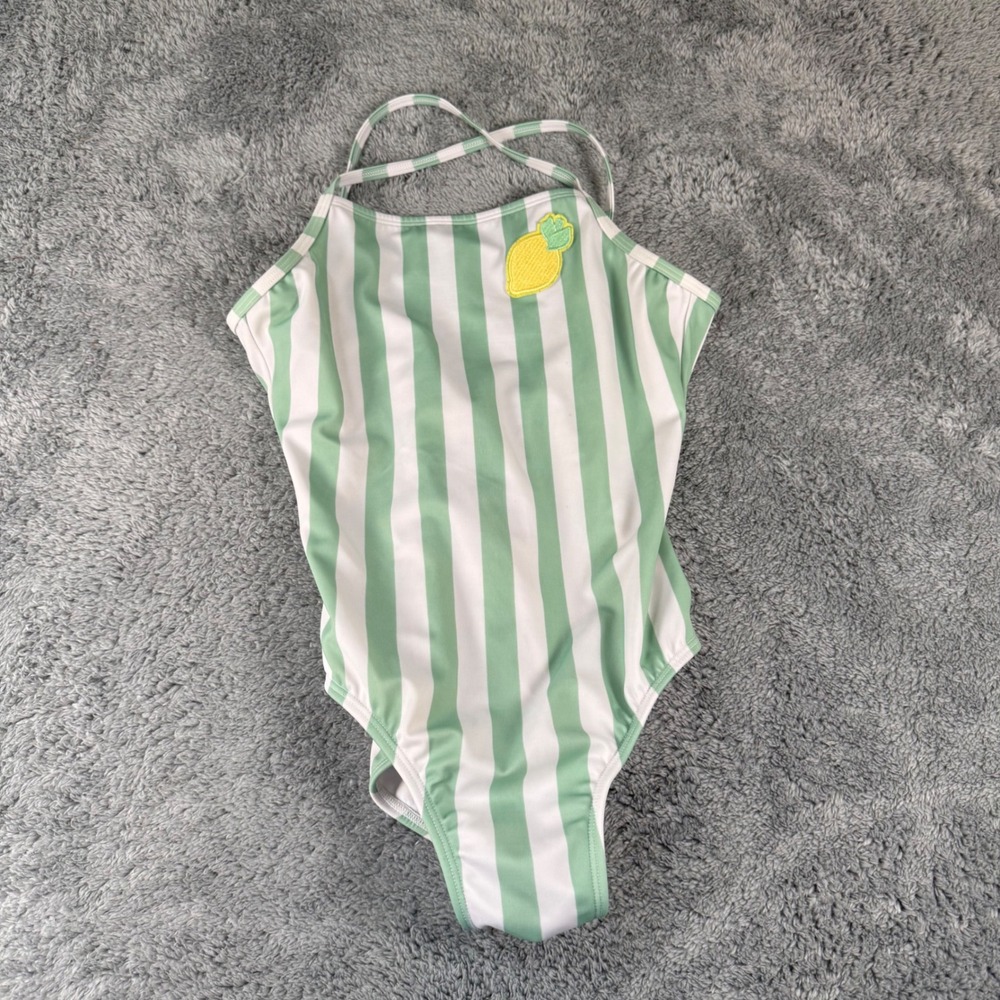 Cat & Jack Girls Mint Green White Striped Lemon Patch One Piece Swimsuit L 10/12